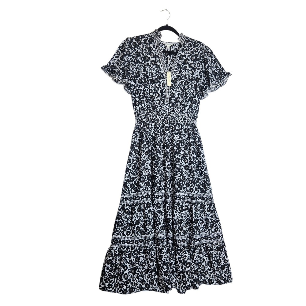 Max Studio London Black White Floral Tiered Maxi Dress Smocked Waist L